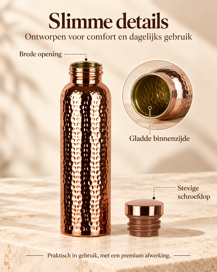 Detailfoto van de flesopening, de binnenzijde en de schroefdop van Copper Ritual
